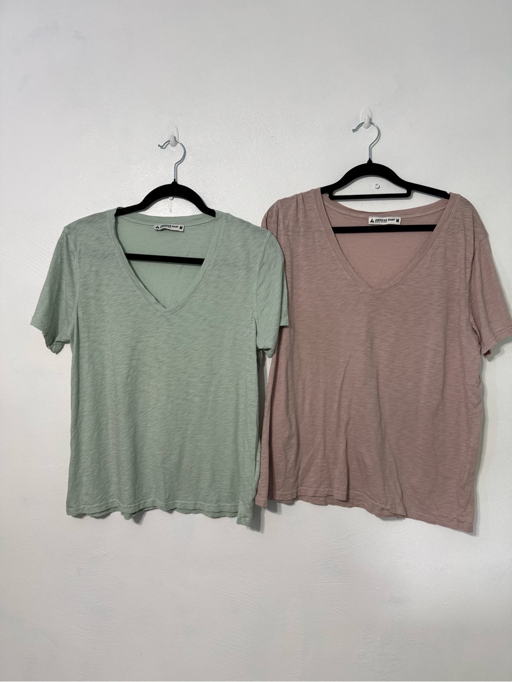 American Giant Women's V-Neck Short Sleeve Tees - Sage Green & Dusty Rose flaw M